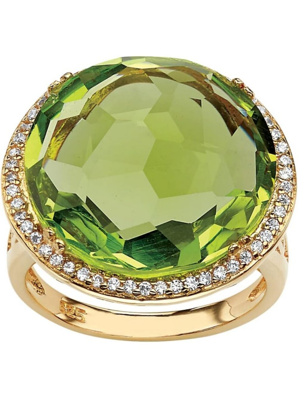 Stunning 14K Gold Plated Lime Green Glass & White CZ Round Ring - Elegant